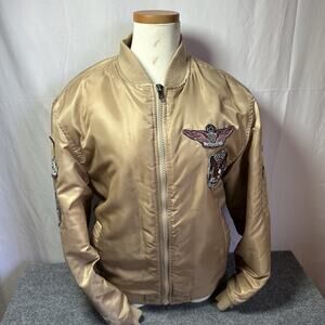 Soul Star Black Label Men's Tan Zip-Up Bomber Jacket w/ Patches Sz (Lg) Pockets